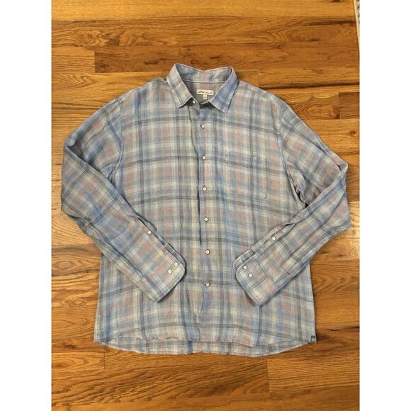 Peter Millar Shirt Men's Sz Large 100% Linen Button Up Long Sleeve Plaid‎ Blue - Picture 2 of 6